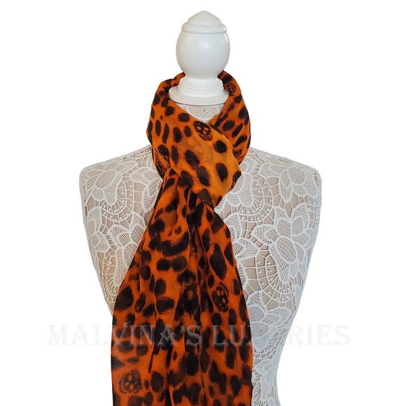 ALEXANDER MCQUEEN SCARF ORANGE CASHMERE SILK SKULL ANIMAL PRINT 50" SQUARE - Picture 8 of 14